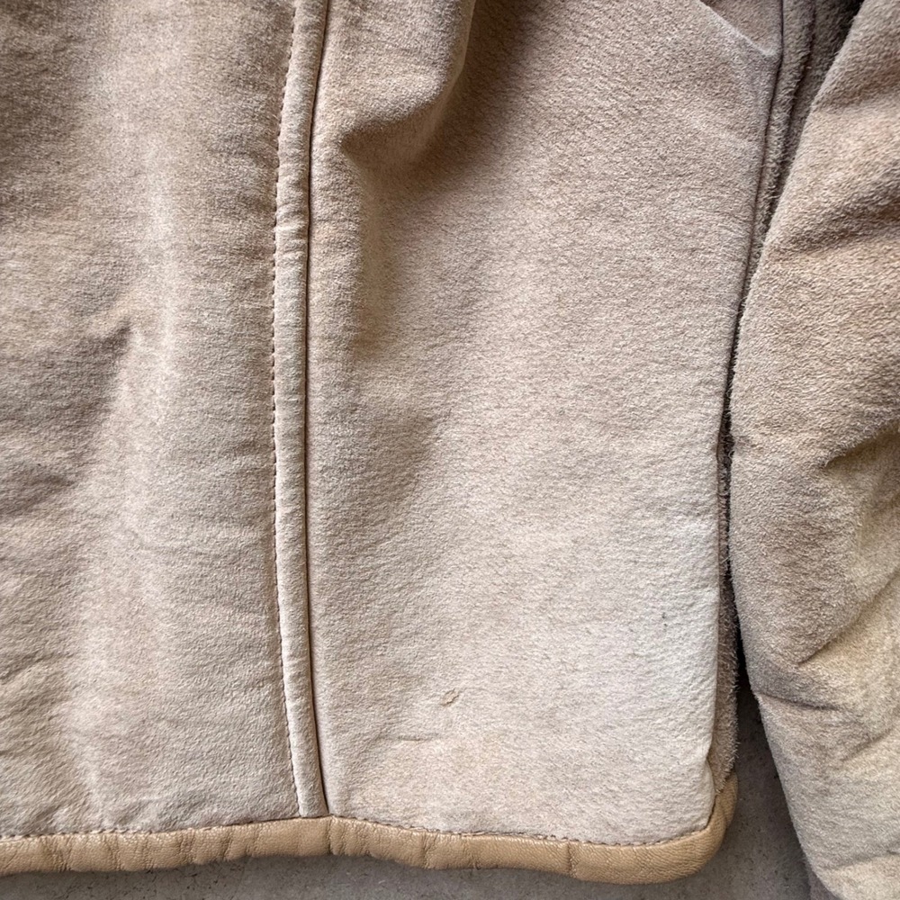 Vintage Tan Faux Suede Shearling Aviator Jacket M Cream Fur Collar Zip Up Coat - Picture 7 of 7